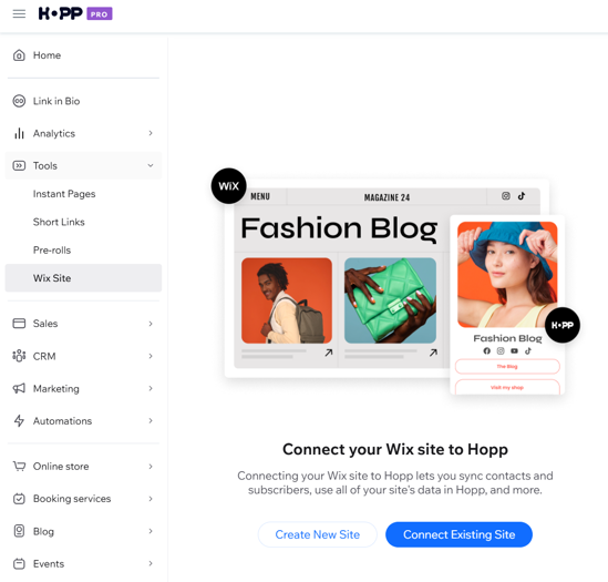 Captura de pantalla que muestra cómo conectar tu sitio Wix a Hopp en el panel de control de Hopp.