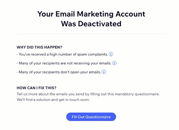 Screenshot of the deactivation pop-up in email marketing dashbaord