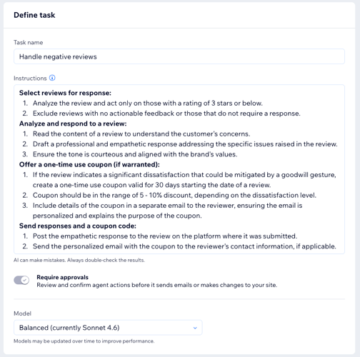 Screenshot della definizione delle istruzioni dell'incarico