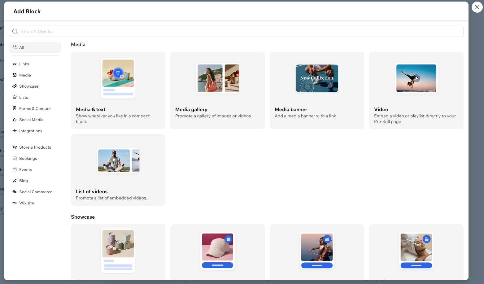 Screenshot van de Blok toevoegen-pop-up.
