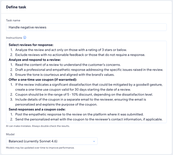 A screenshot of defining task instructions.