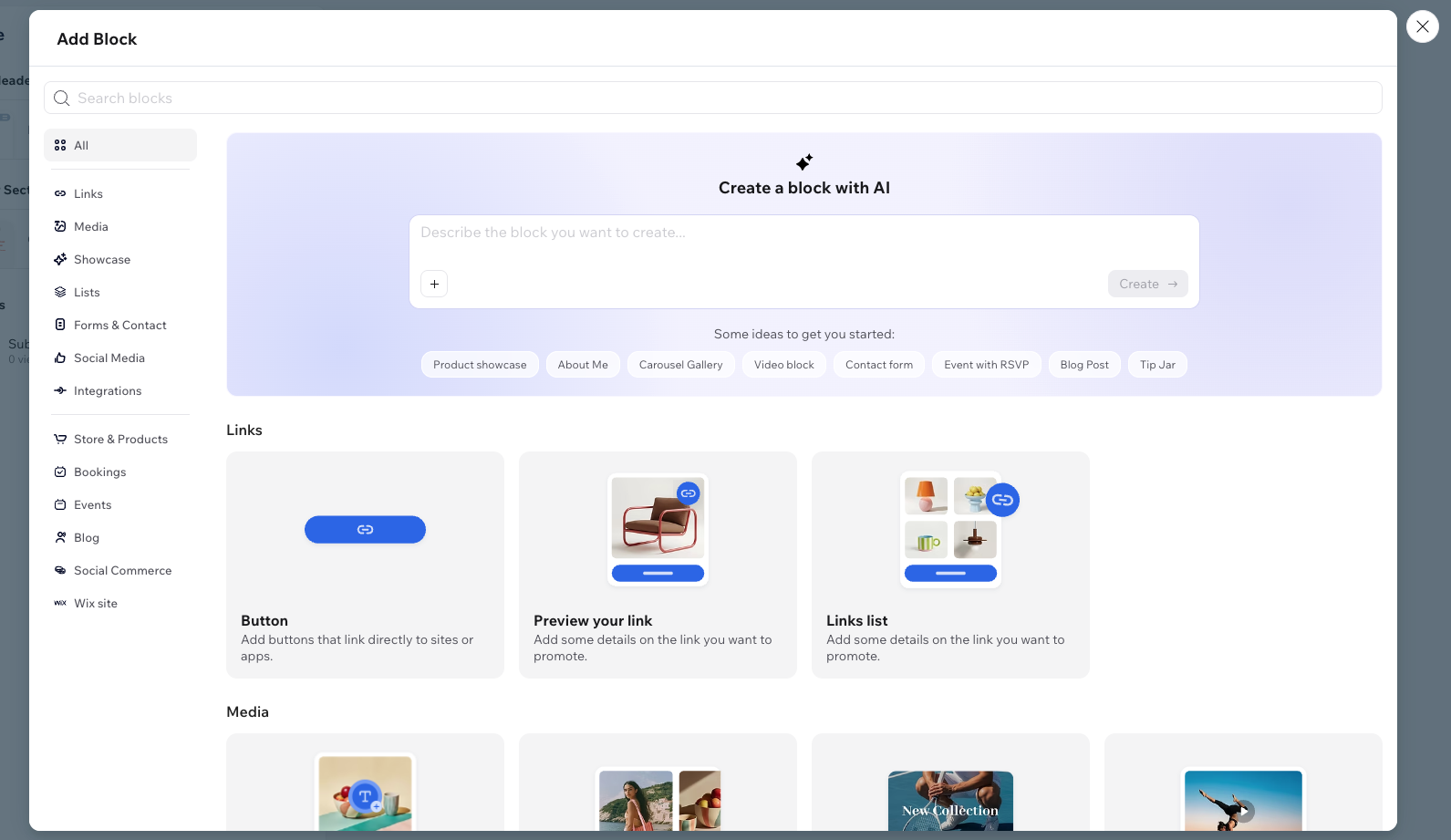 Screenshot of the add block pop-up screen.