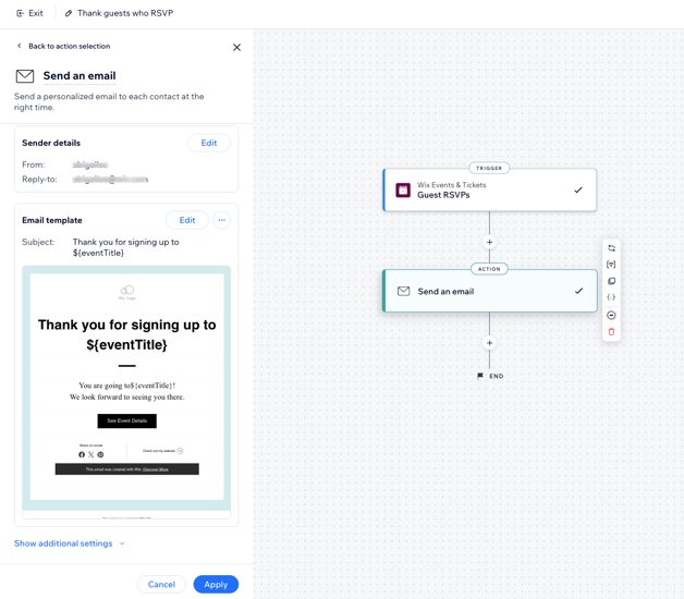 Screenshot of the Send an email action configuration panel.