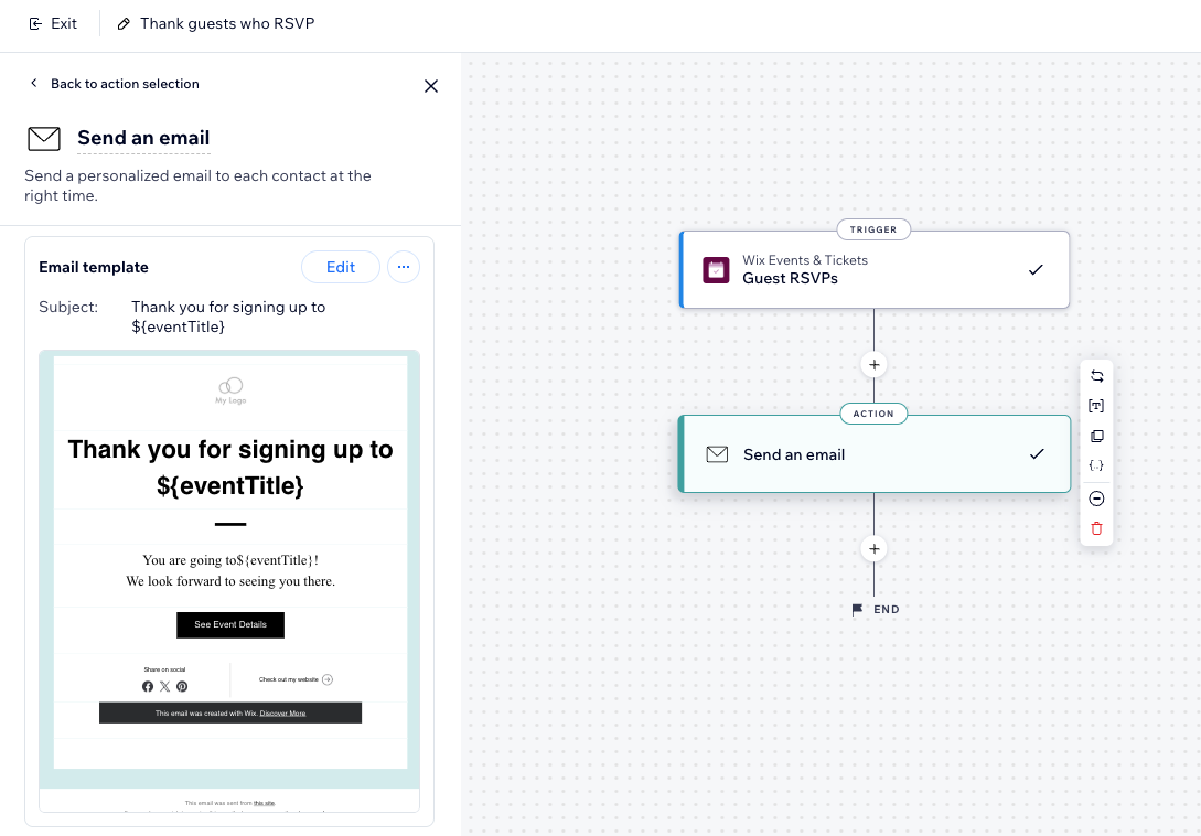 Screenshot of the email template section of the send an email action in the configuration panel.