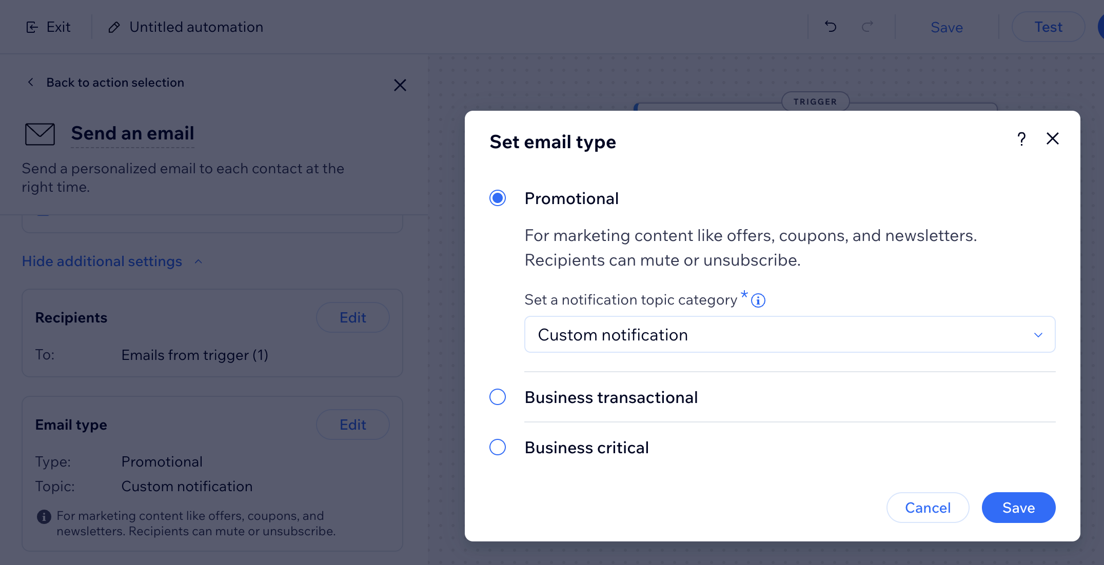 A screenshot of selecting your email type for your send an email action.