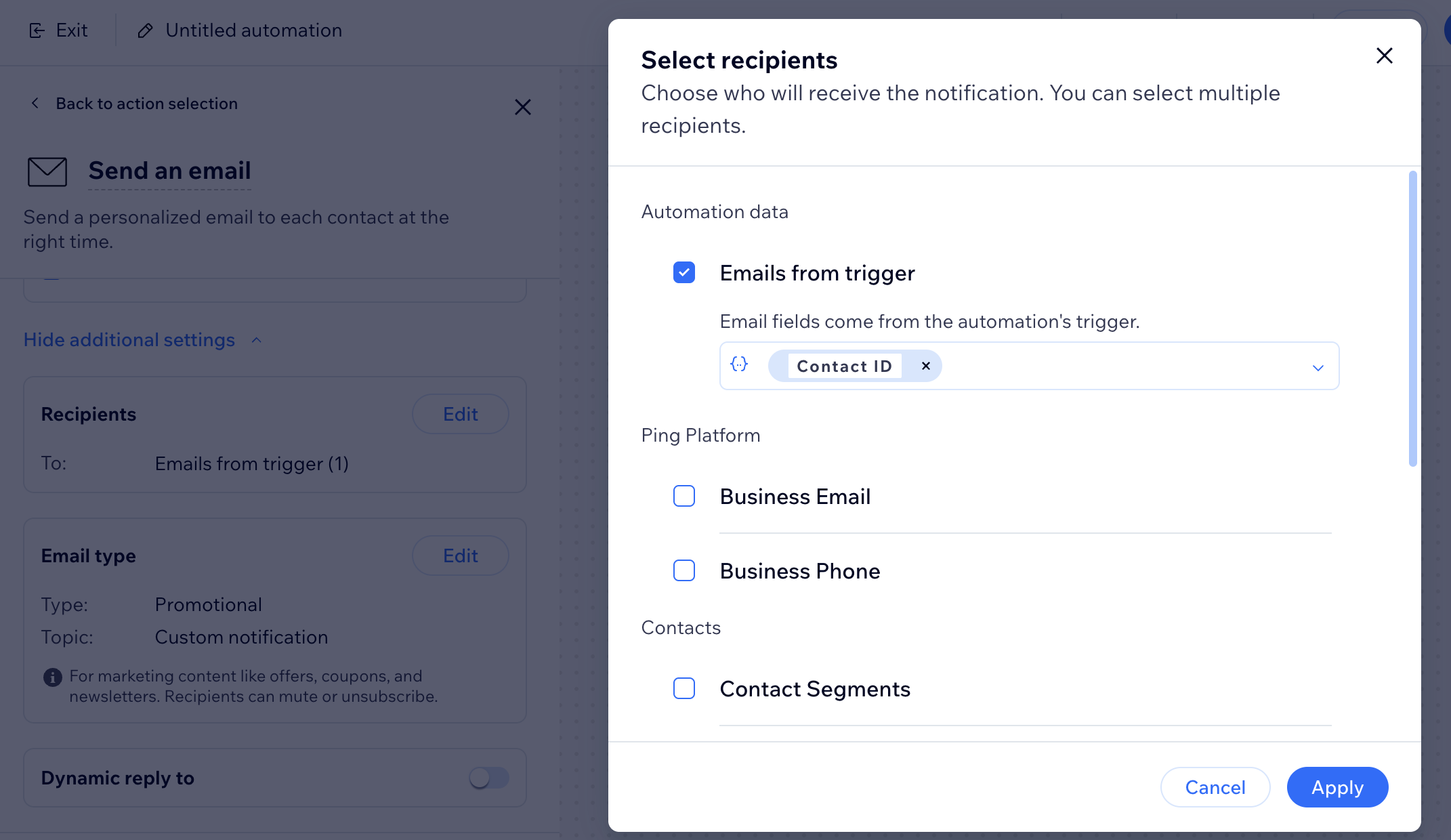 A screenshot of selecting recipients for your send an email action.
