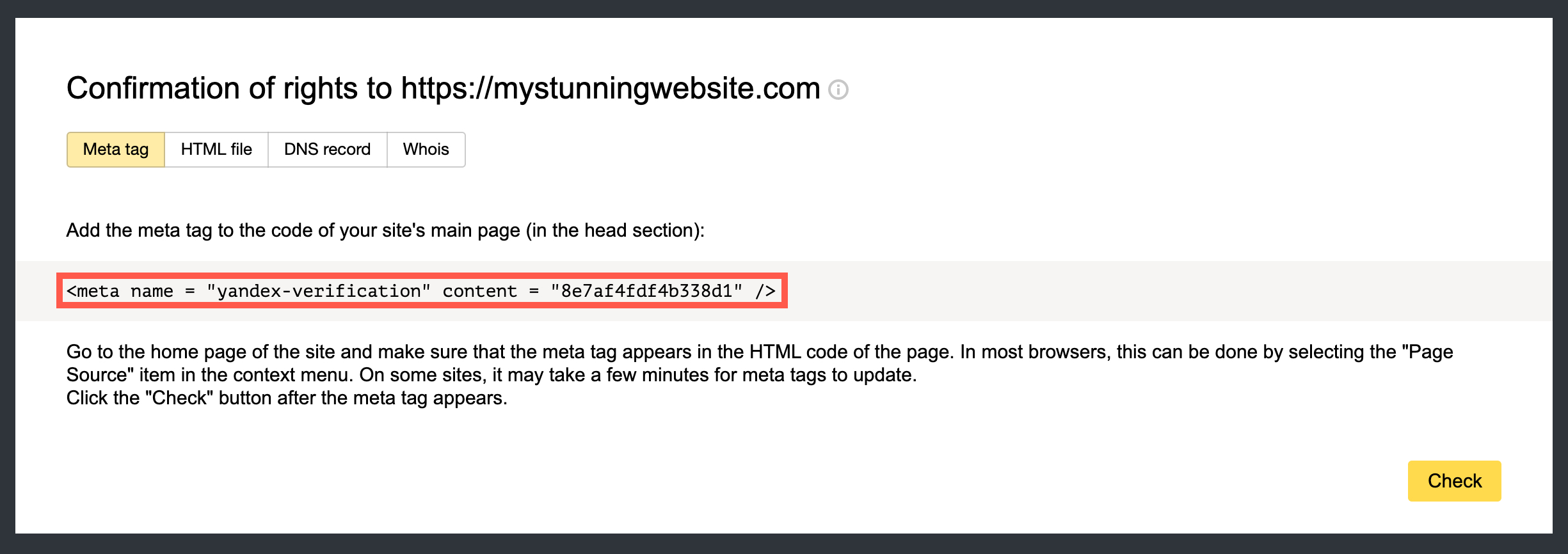 The meta tag highlighted on the confirmation page.