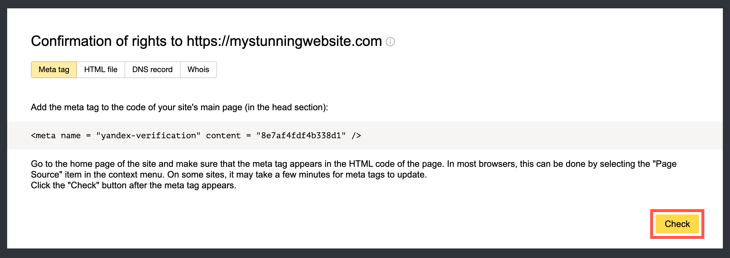 The Check button highlighted on the confirmation page.