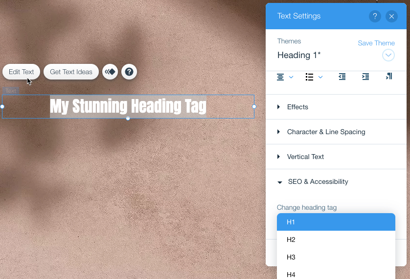 A screenshot of editing a heading tag in Wix Editor