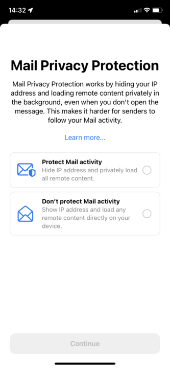 Een screenshot van Apple's iOS 15 Mail Privacy Protection-prompt.