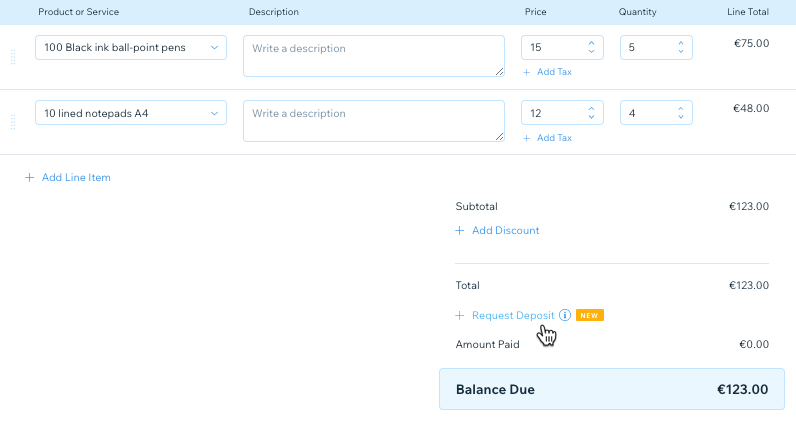 A screenshot showing how to request a deposit on an invoice