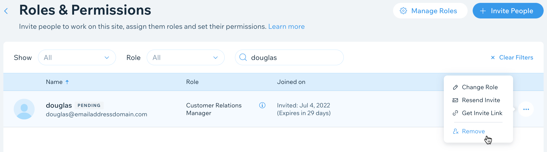 Screenshot of the Wix dashboard Roles and Permissions page, showing how to remove a collaborator