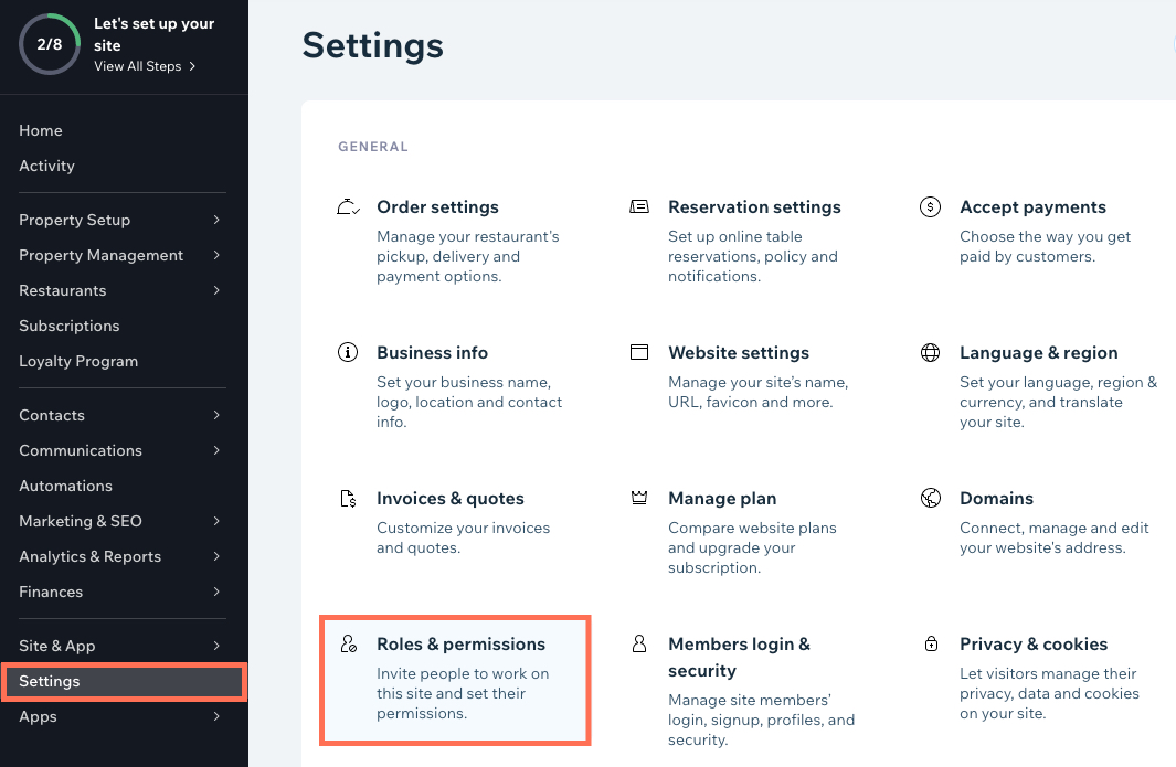 A screenshot showing Roles & Permissions in a site dashboard's settings.