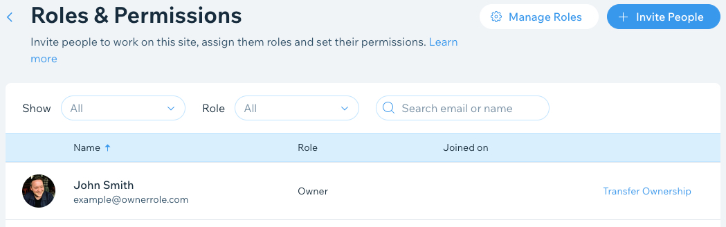 Screenshot of the Wix dashboard Roles and Permissions page showing the site owner