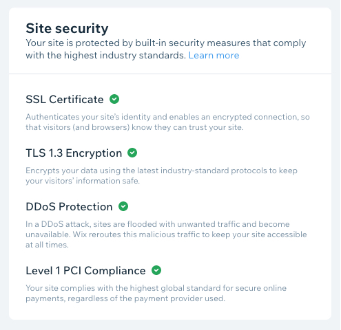 Screenshot delle misure di sicurezza del sito nella sezione Funzionamento e sicurezza del Pannello di controllo Wix