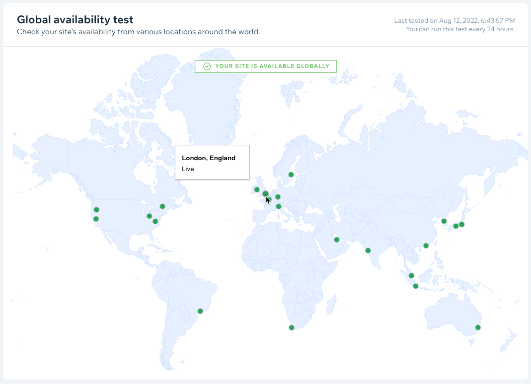 Screenshot of Wix dashboard's Uptime and Security global availability map. The cursor's over London, showing a