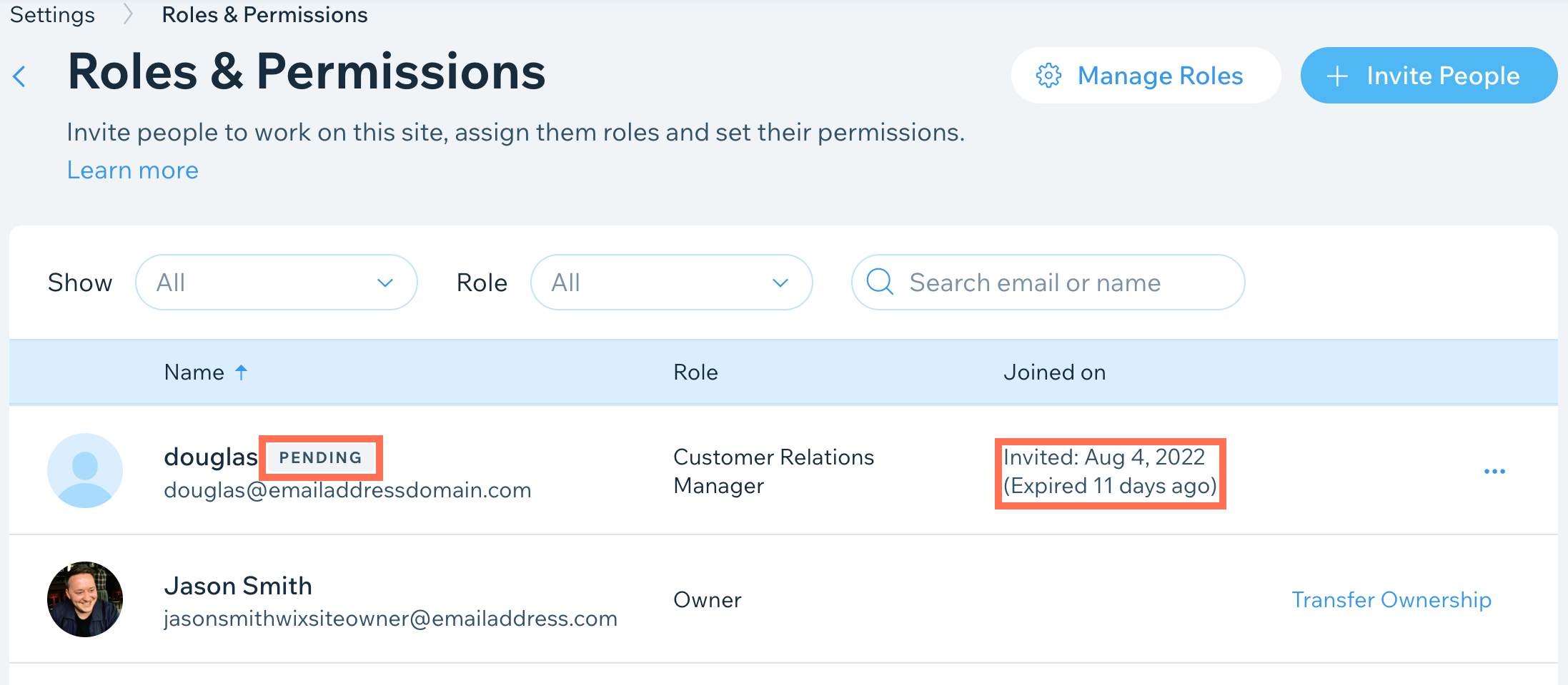 Screenshot of the Roles and Permissions page. Highlighted is a collaborator's