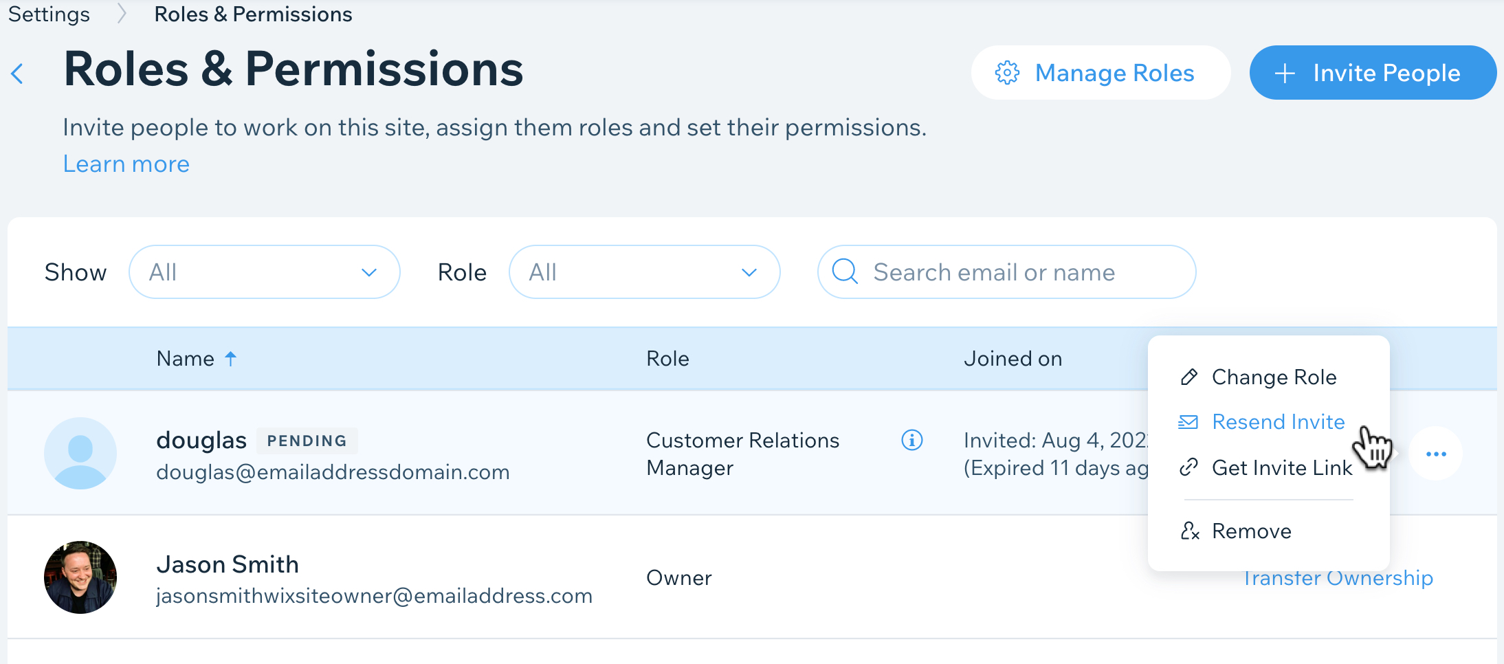 Screenshot of the Roles and Permissions page. On a Collaborator, More actions is open, the cursor is over