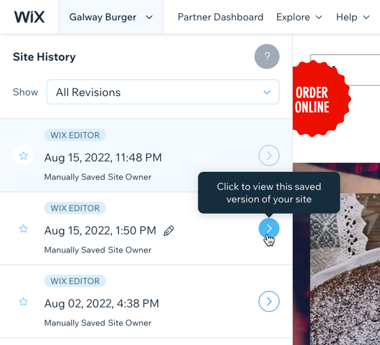 Screenshot of Wix site history. The cursor is over a saved version, with an Arrow icon to click to see the saved version.