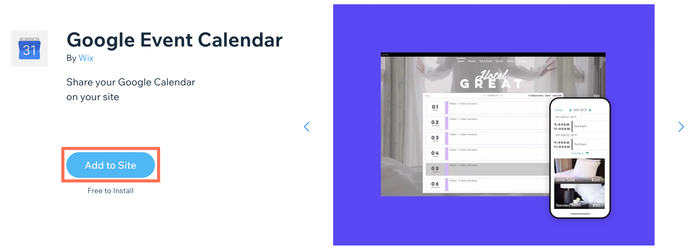 צילום מסך של Google Event Calendar ב-Wix App Market.