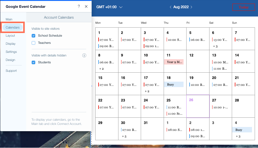 Screenshot of Google Event Calendar in Wix Editor, with open Settings panel. The Calendars tab is highlighted.