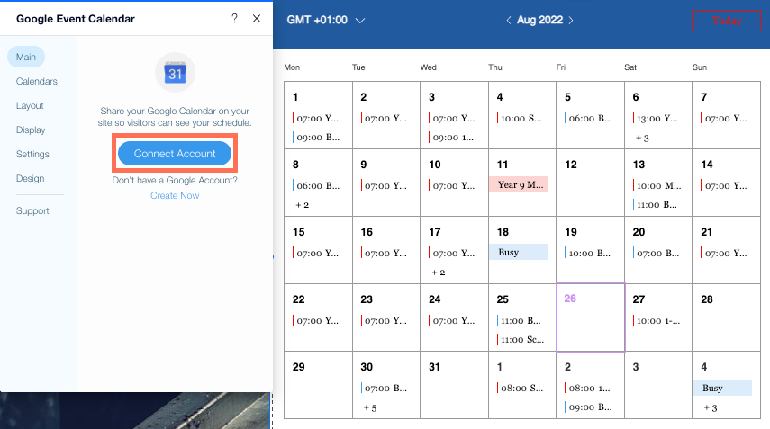 Captura de pantalla de Eventos de Google Calendar en el Editor de Wix, con el panel de Ajustes abierto. El botón Conectar cuenta está resaltado.