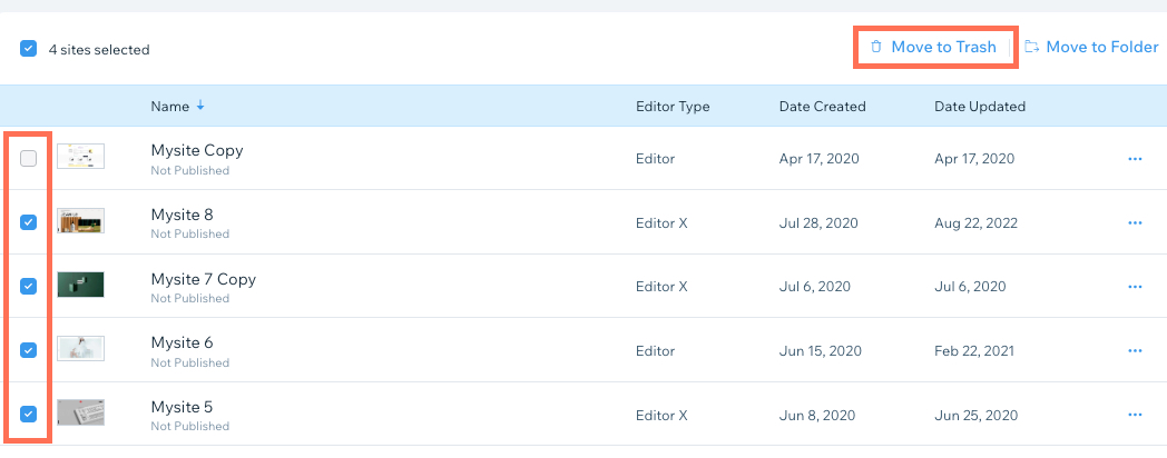 Screenshot of the Wix My Sites page. The checkboxes next to sites have been selected, and Move to Trash is highlighted.