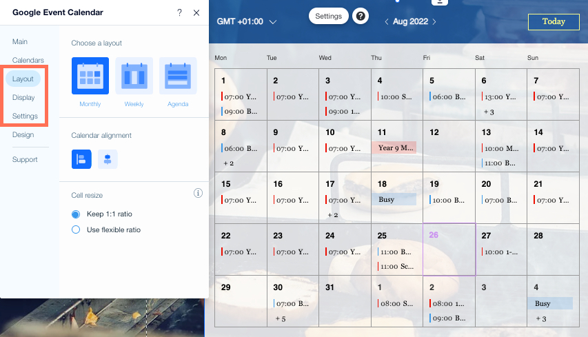 Google Event Calendar in Wix Editor, with open Settings panel. Layout, Display, and Settings tabs are highlighted.