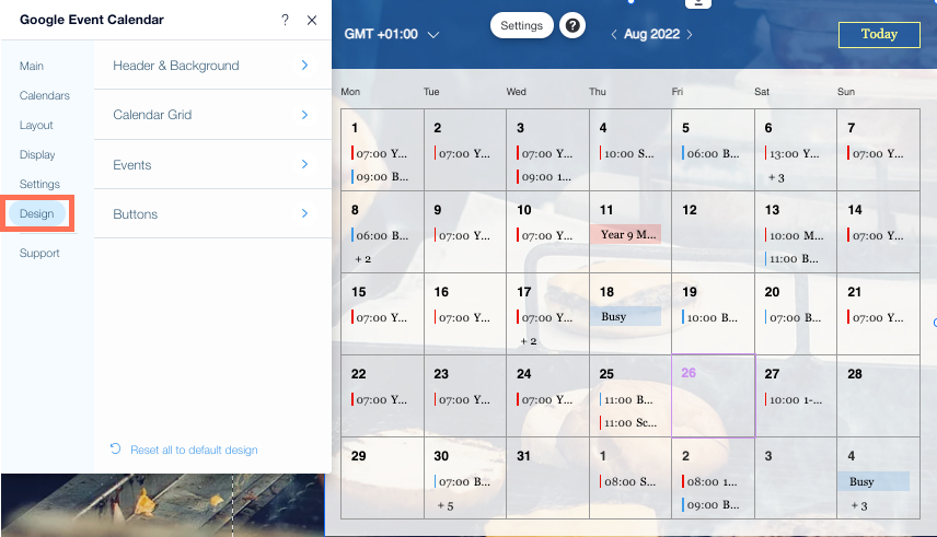 Google Event Calendar ב-Wix Editor עם חלונית ה-Settings פתוחה. הטאב Design מסומן.