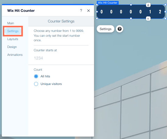 A screenshot of the Wix Editor with a Wix Hit Counter. The counter Settings are open, and the Settings tab is highlighted.