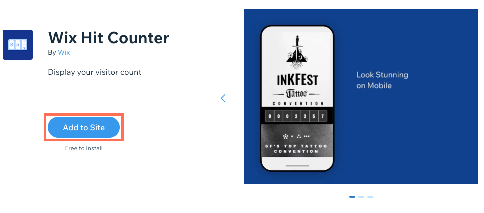 Een screenshot van Wix Hit Counter in de Wix Appmarkt.