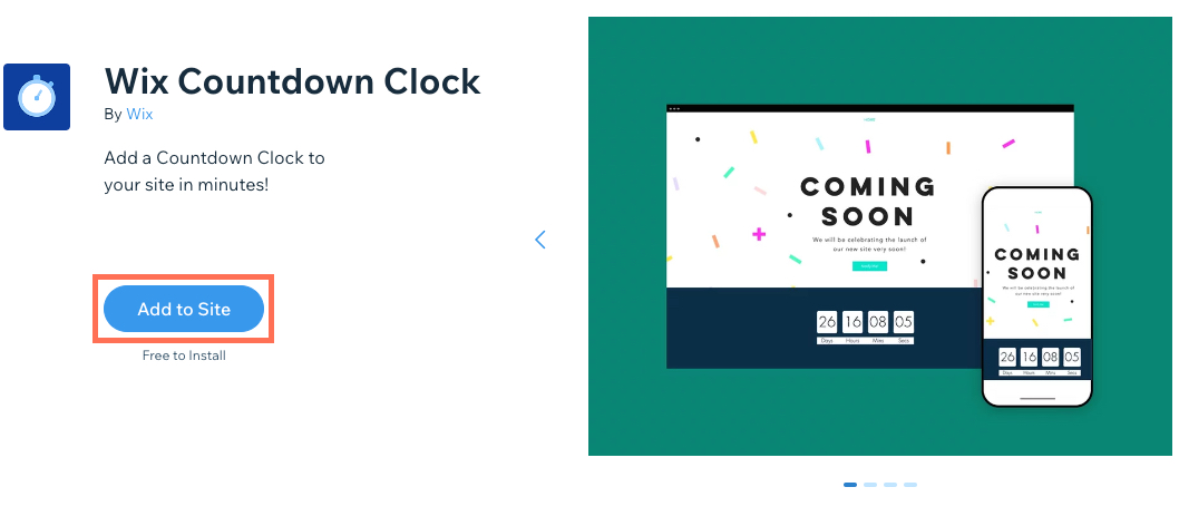 Uma captura de tela do aplicativo Wix Countdown Clock no Wix App Market.