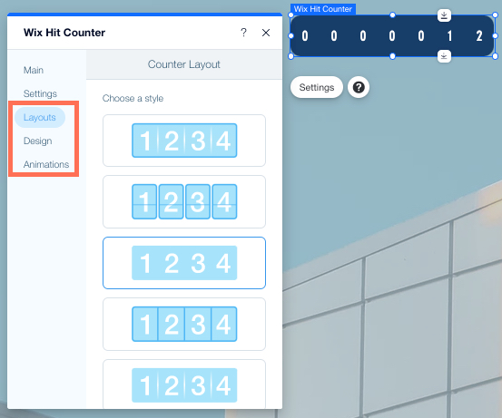 Une capture d'écran de l'Éditeur Wix avec un compteur de clics Wix. Les paramètres sont ouverts, mettant en surbrillance l'onglet Mise en page, Design et Animations