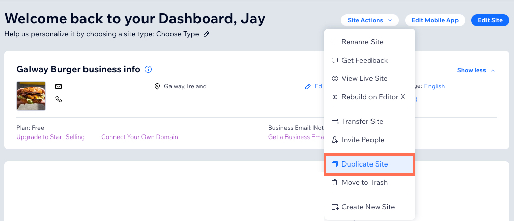 A screenshot of the Wix dashboard. Site Actions is open, and Duplicate Site is highlighted.