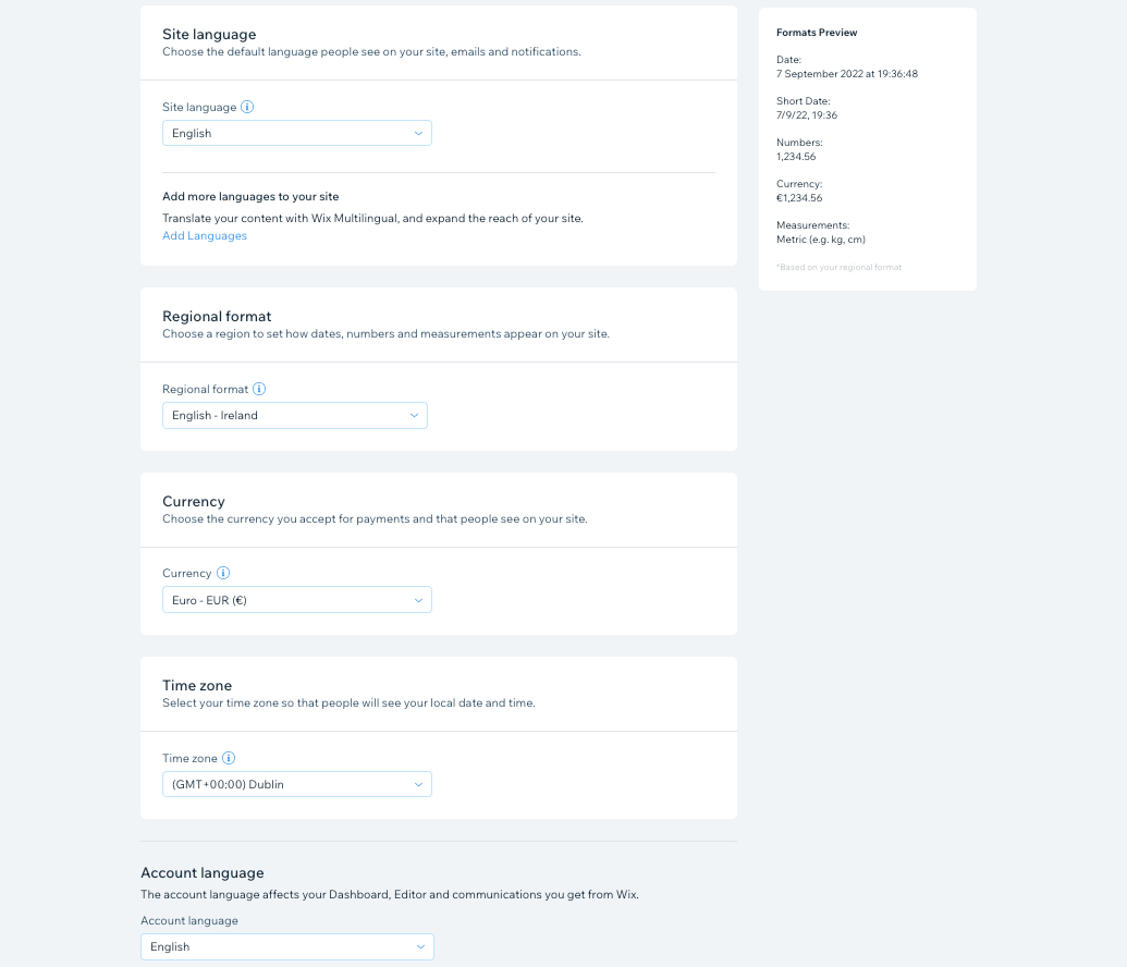 A screenshot of the Wix dashboard, open on the Language and Region Settings page.