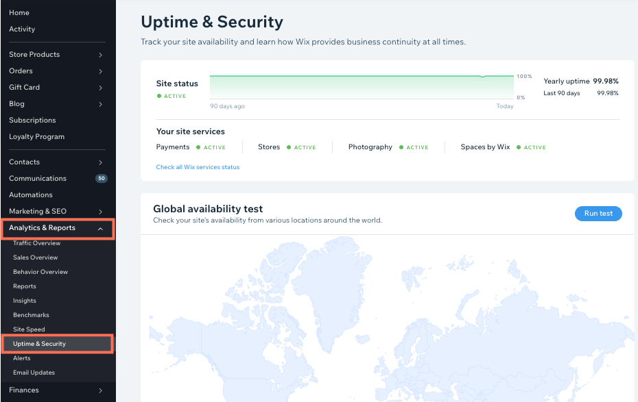 Screenshot of Wix dashboard. Analytics and Reports options are open in the navigation bar, highlighting Uptime and Security.