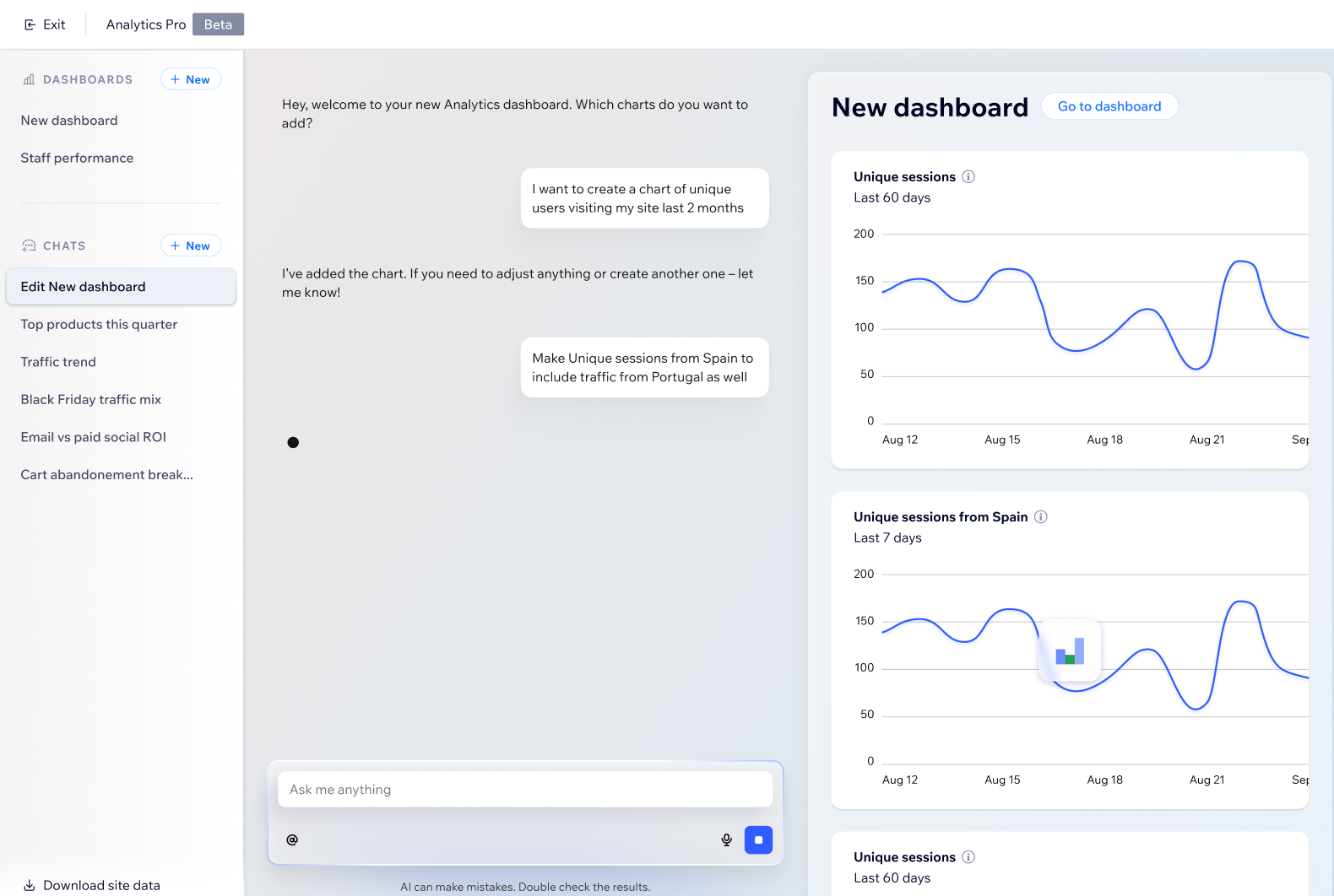 Screenshot eines geöffneten Chats in Analytics Pro mit der Bitte um ein anderes Diagramm,