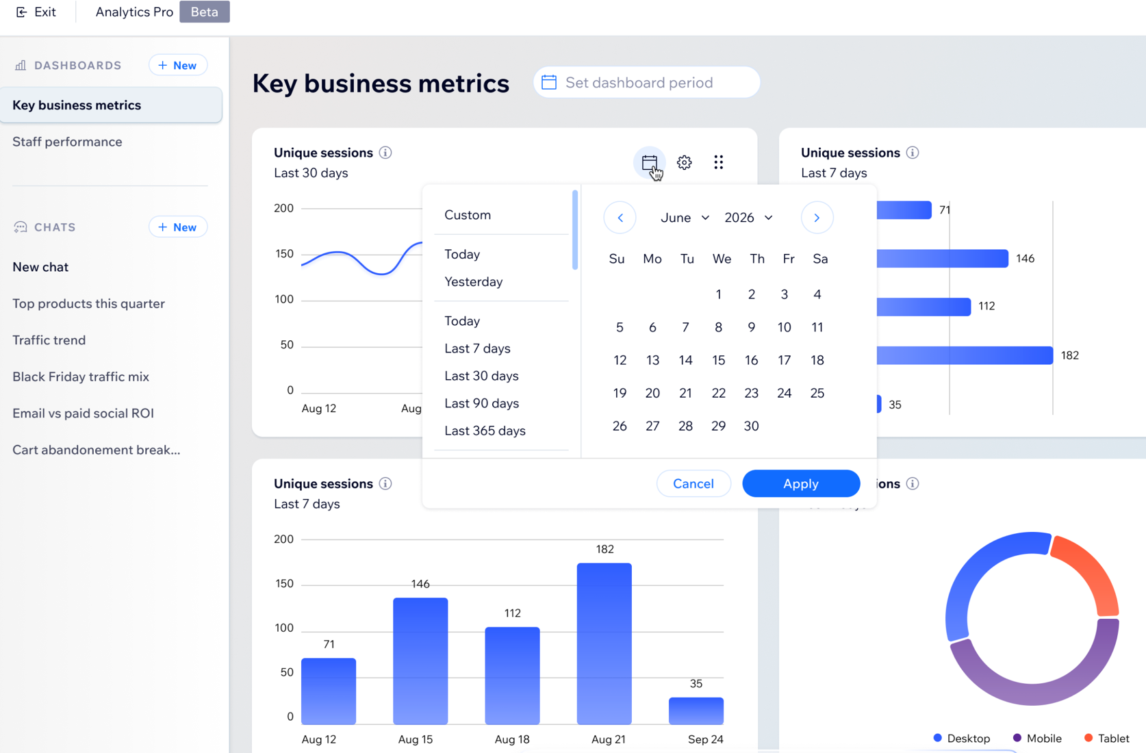 Screenshot des Fensters von Analytics Pro mit einem Dashboard für wichtige Unternehmenskennzahlen und dem Mauszeiger über einem Kalender zum Anpassen des Zeitraums,