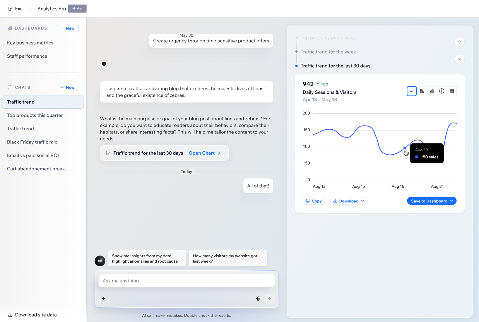 Screenshot des Fensters von Analytics Pro mit einem geöffneten Chat über Traffic-Trends als Beispiel,