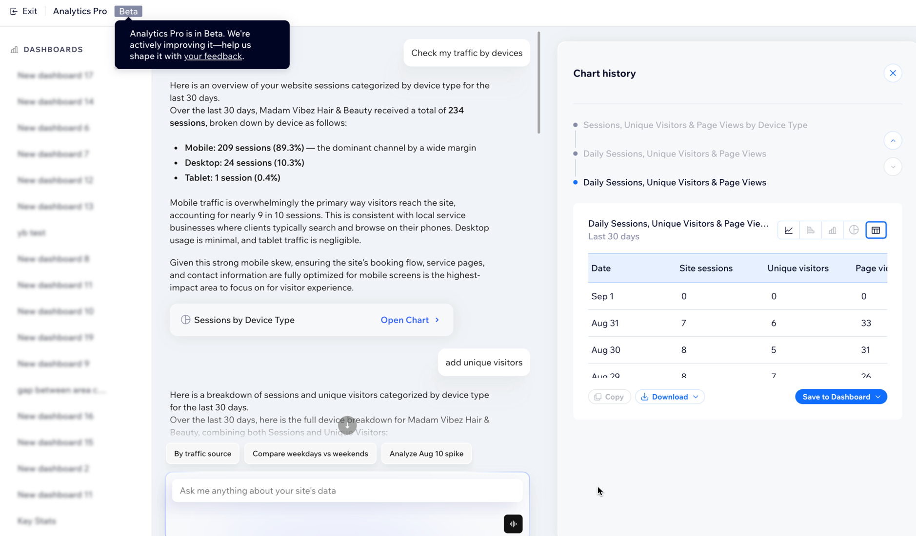 Screenshot von Analytics Pro mit dem Mauszeiger über „Beta“ und einem anklickbaren Link zum Feedbackformular,