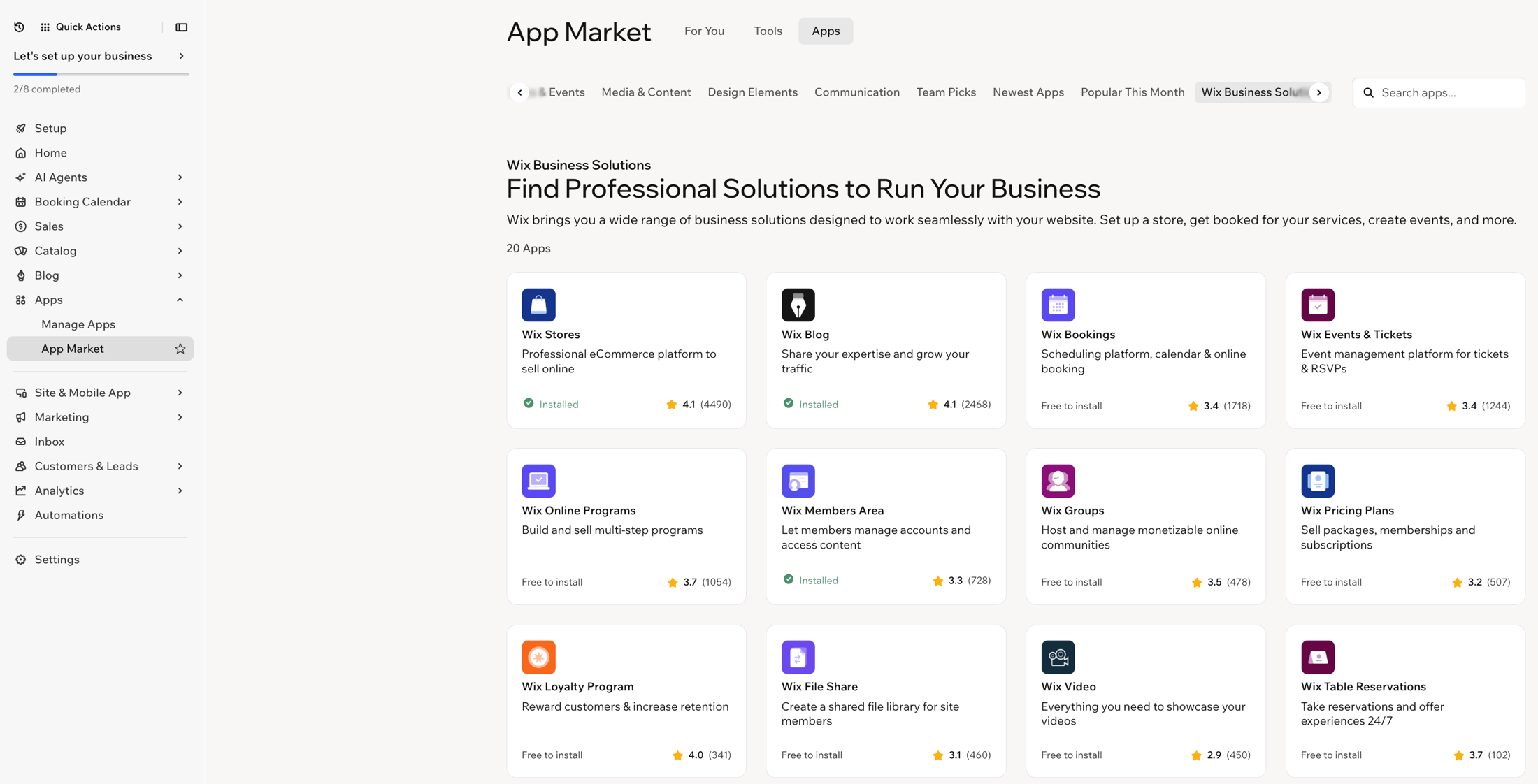 Captura de pantalla que muestra el Wix App Market.