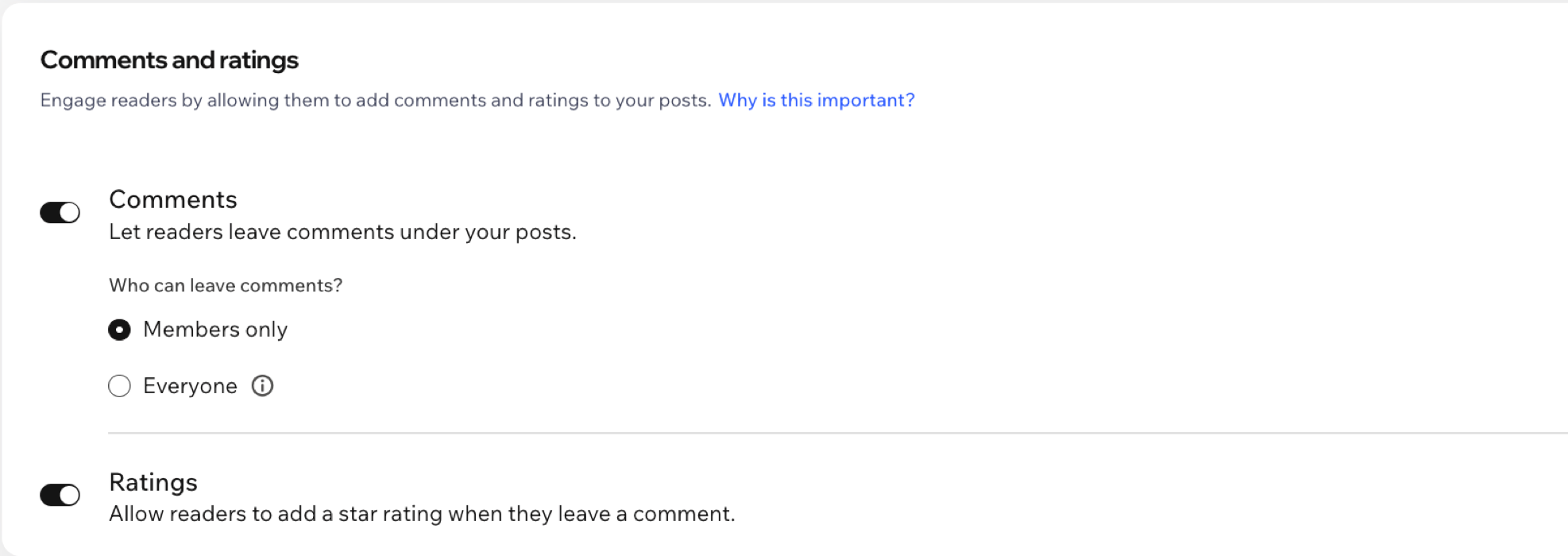 대시보드의 댓글 설정 화면을 보여주는 스크린샷입니다.