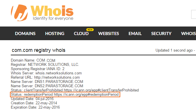 A screenshot of search results on whois.com showing a website in the redemption period.