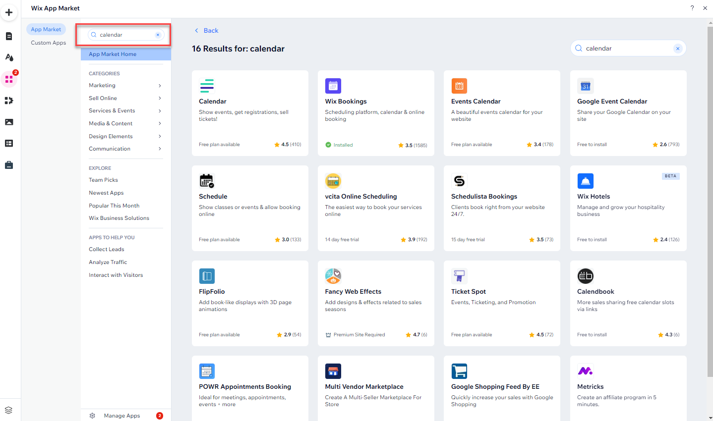 The Wix App Market has been opened. Calendar has been entered into the search field, and the results are displayed.