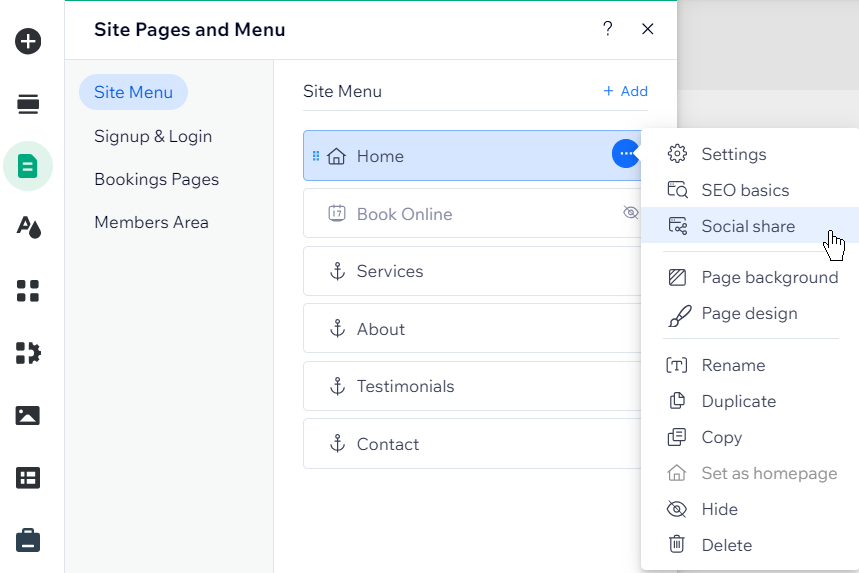 screenshot of cursor hovered over social share option within pages and menu panel