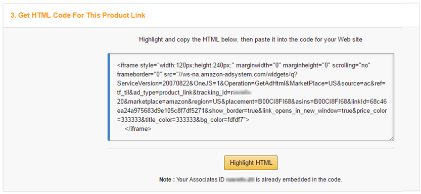 Capture d'écran du code HTML d'affiliation Amazon.