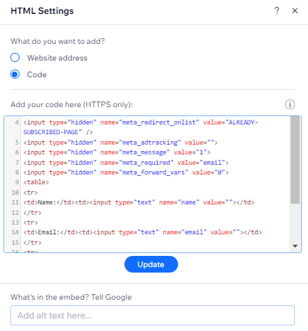 Screenshot of HTML settings panel with HTML code input into HTML field.