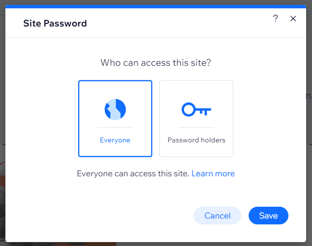 screenshot del pannello password del sito, con l'opzione Titolari password selezionata