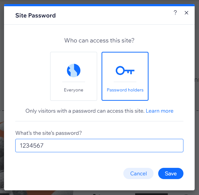 Screenshot of site password panel, with