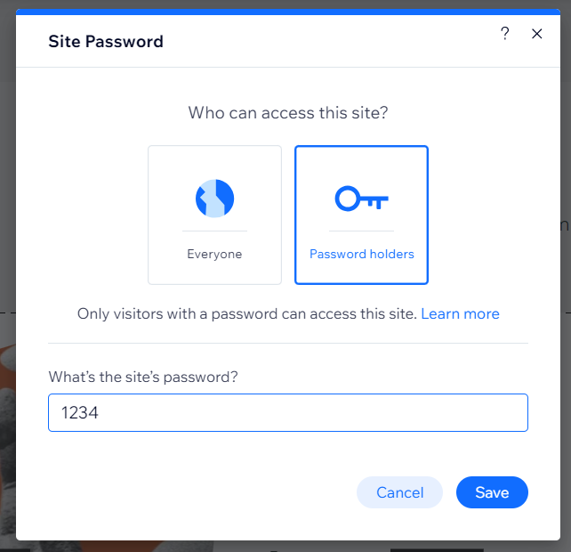 Screenshot of site password panel, with